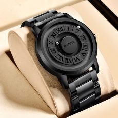 Men's Magnetic Scroll Pointer Quartz Watch - Genuine Leather Wristwatch